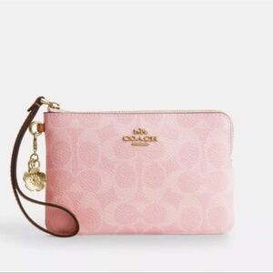 Coach Corner Zip Wristlet In Powder Pink Signature Canvas With Charm NWT